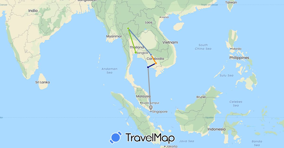 TravelMap itinerary: driving, plane, cycling, hitchhiking, electric vehicle in Cambodia, Singapore, Thailand (Asia)